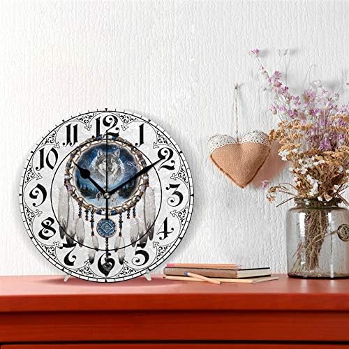 ALAZA Ethnic Tribal Wolf Wind Chimes Round Wall Clock, Silent Non Ticking Oil Painting Home Office School Decorative Clock Art