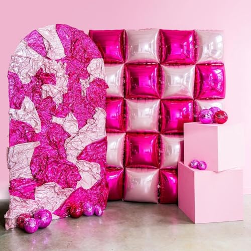 Hot Pink and Rose Double Sided Square Foil Balloons Wall,19 Inches Pink Metallic Foil Balloons Tunnel Arch Kit for Girls Bachelorette,Wedding,Anniversary,Valentine\'s Day Party Background Decoration