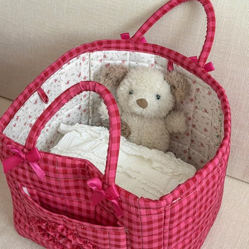 Image of Quilted Fabric Basket Car Storage Basket Boho Floral Laundry Hamper for Nursery Bedroom & Living Room | Organize Clothes Toys (Hot Pink Gingham Check)