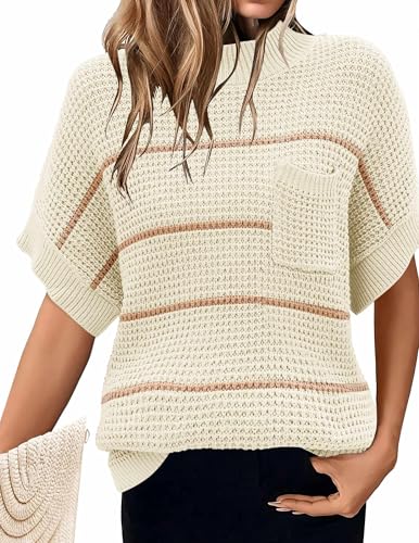 Image of Women 2026 Sweater Vest Mock Neck Batwing Short Sleeve Oversized Ribbed Knit Tops Fall Pullover Sweater S-XXL