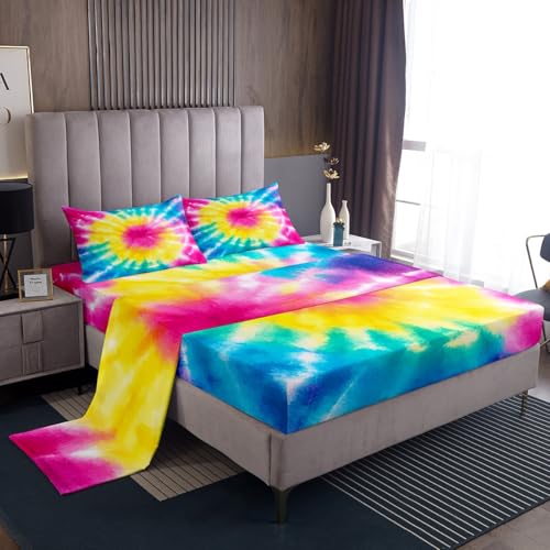 Tie Dye Bed Sheets for Kids Full Size Girls Boho Trippy Swirl Bedding Sheet Set Ultra Soft Bright Colorful Rainbow Bedding Set Women Teens Bedroom Decor Bohemian Gypsy Sheets, Luxury Microfiber