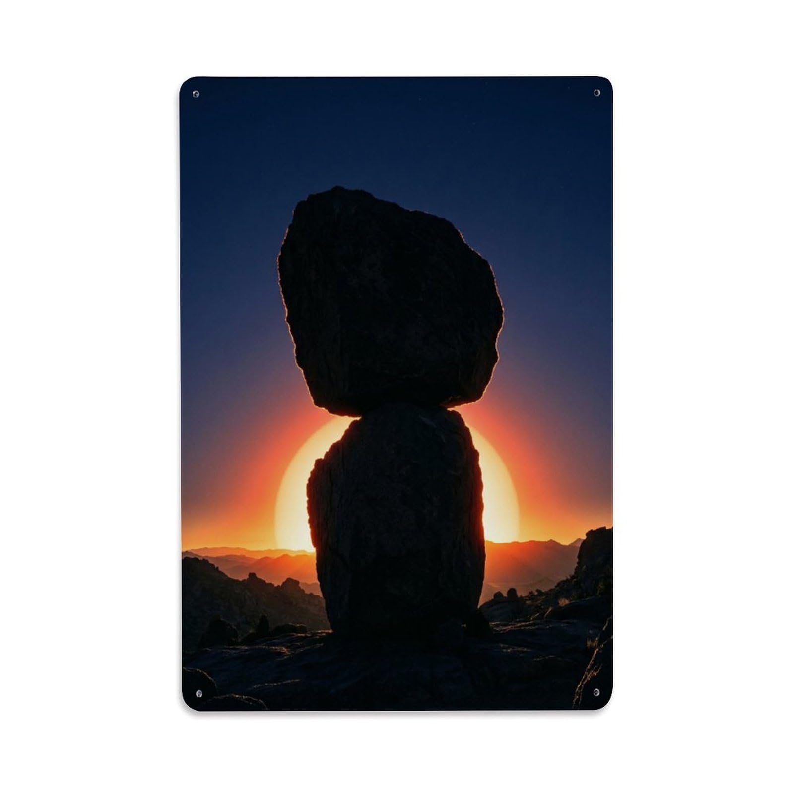 Zen Balance Red Sun Stone Silhouette Serenity Meditation Retro Metal Tin Sign Plaque Wall Decor for Cafe, Man Cave, Club Bar, Office, Home Garden Round Metal Poster 8x12Inch