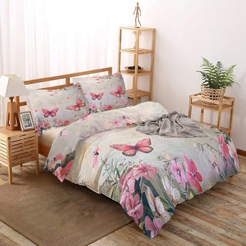 Spring Floral Bedding Double Duvet Cover Set Flower Butterfly, 3 Piece for Bedroom Deocr, Soft Microfiber Reversible Bed Quilt Covers, 2 Pillow Cases, Zip Fastening