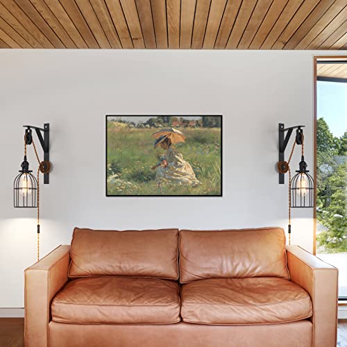 Image of Plug in Pendant Light, Farmhouse Pulley Wall Lamp with 7-Foot Brown Plug in Cord & Switch, Industrial Hanging Lamps that Plug into Wall Outlet