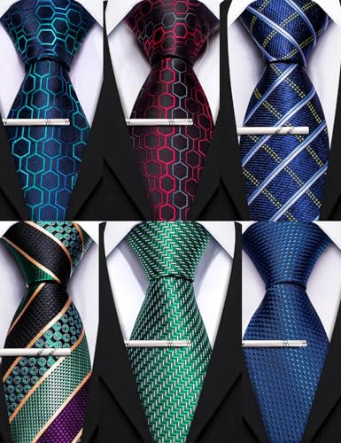 Image of Barry.Wang Mens 6 PCS Ties Silk Striped Paisley Check Floral Necktie Silky Woven Wedding Business Party Ties 3.34 inch