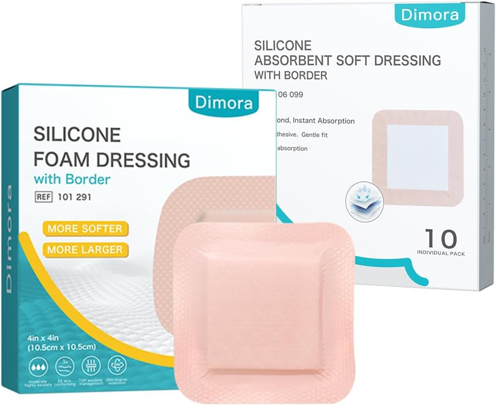 Dimora Silicone Super Absorbent Wound Dressings & Ultra Soft Silicone Foam Dressing 4"x4"