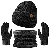 Winter Beanie Hat Scarf Touchscreen Gloves Set for Men and Women, Chenille Beanie Gloves Neck Warmer Set with Warm Knit Fleece Lined Black