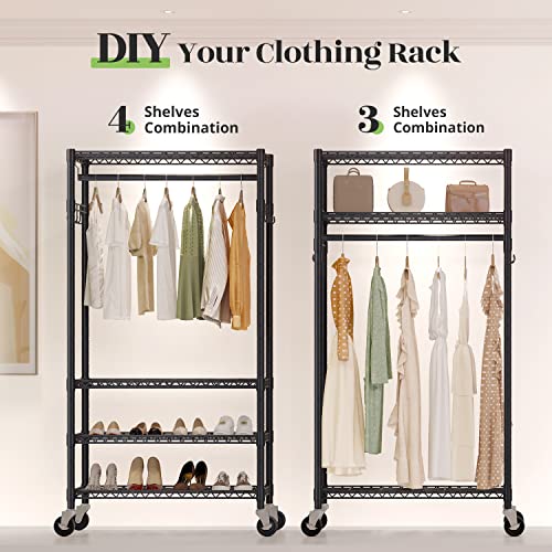 Hokeeper Heavy Duty Rolling Wire Garment Rack Clothes Rack With Wheels And Hooks, Adjustable Clothing Rack With 4 Tier Shelves, Portable Freestanding Closet Rack For Hanging Clothes, Max Load 725Lbs #TOP2
