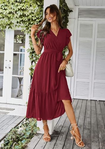 Image of PRETTYGARDEN Women's Summer Floral Boho Maxi Dress | Short Sleeve Wrap V Neck, Long Flowy Ruffle Dresses, Spring Wedding Guest Outfits for Beach Vacation, Resort Wear, Tea Party
