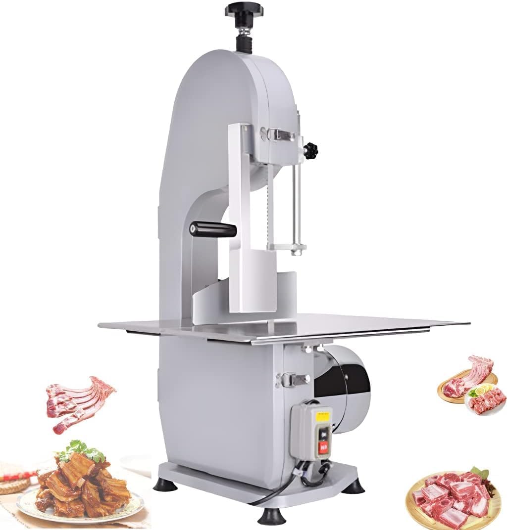 Sierra eléctrica comercial para huesos con mesa de acero inoxidable, sierra de cinta de alta potencia de 1600 W para cortar carne y huesos, pescado y carne de res.