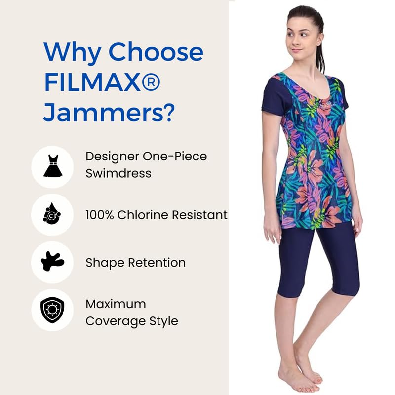 Image of Originals Swimming Costume for Women's One-Piece Beach Wear with Sleeve & Skirted 3 /4 Leggings Maximum Covered Swim Wear Dress (L - 7XL)