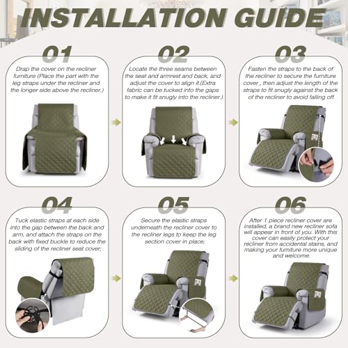 Image of TAOCOCO 100% Waterproof Recliner Covers, Recliner Sofa Covers with Leg Straps, Reversible Recliner Couch Cover for Reclining Chair, Washable Couch Protector for Pets Kids(1 Seater 22 inch, Gray Green)