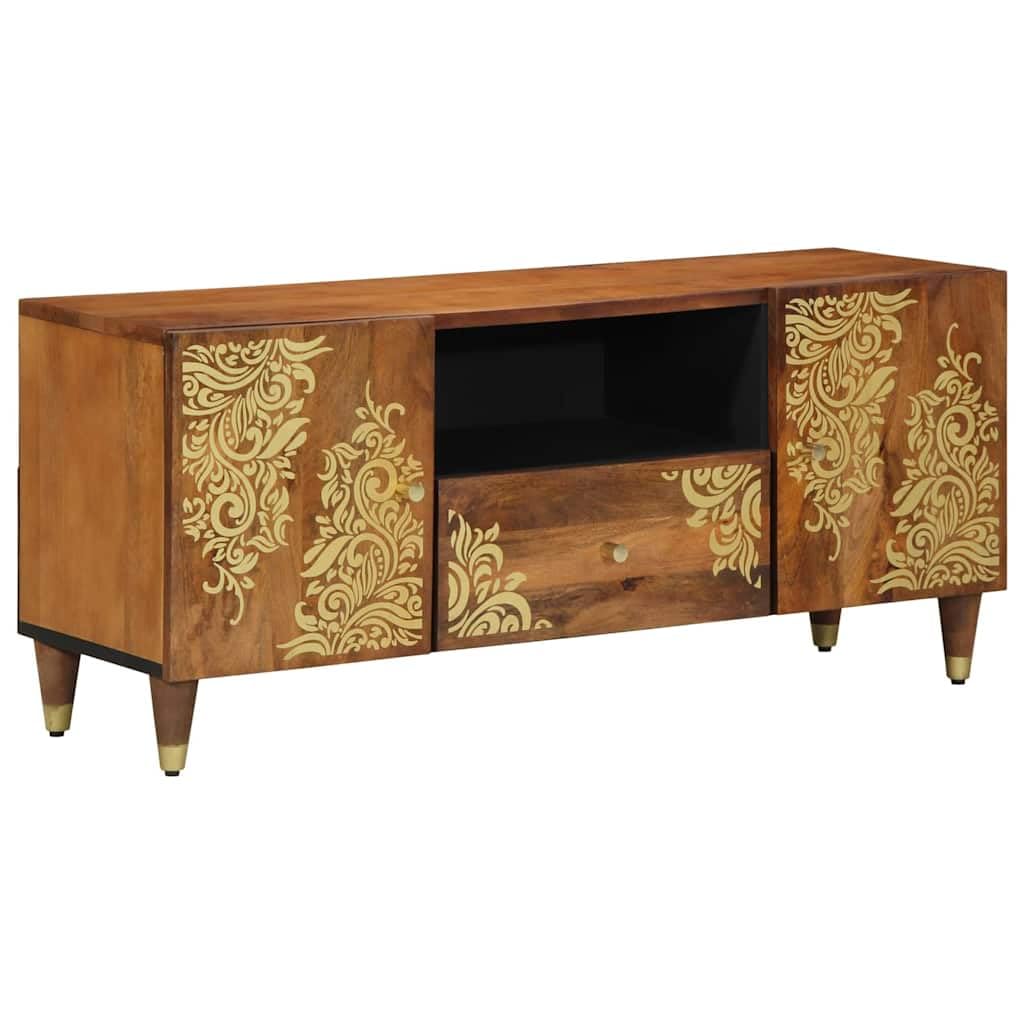 Mueble TV de madera mango macizo con puertas batientes y asas de latón