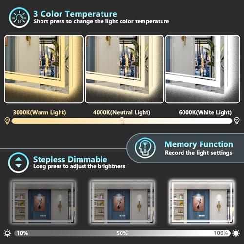 Image of 60x30 LED Bathroom Mirror with Lights, Backlit and Front Lit Anti-Fog Lighted Vanity Mirrors for Bathroom Wall, Dimmable, 3-Color Light, Memory, Shatter-Proof, HD Tempered Glass, CRI>90