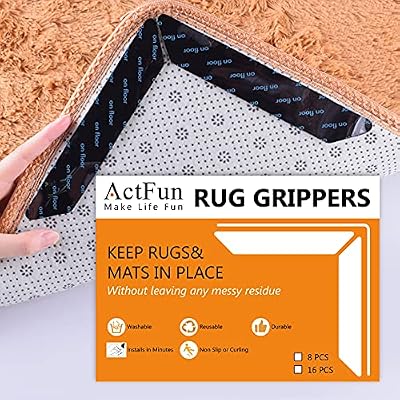 ActFun 8 pcs Rug Tape, Non Slip Reusable Washable Rug Grippers for Area Rugs, Floor Mats, Hardwood Floors, Tile Floors, Linoleum, Carpets, Black (not Applicable to Rubber or Silicone Carpet and Rugs)