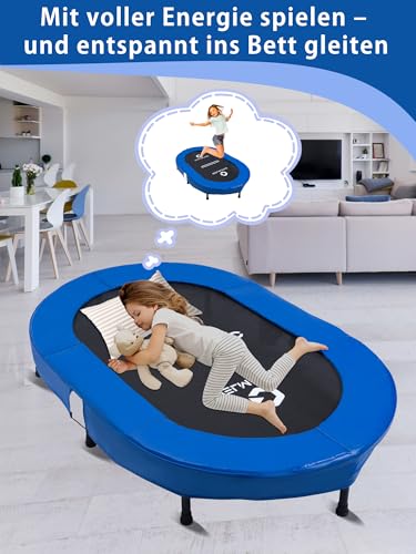 Welmotive Ovales Indoor Trampolin für 2 Personen geräuscharm belastbar bis 150kg Ideal für Kinder & Erwachsene Fitness Muskelaufbau Gewichtskontrolle Sicher mit 40 Federn Geschenkidee Dunkelblau