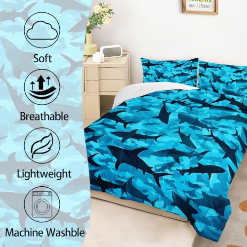 Image of AILONEN Blue Shark Queen Comforter Set, Ocean Camouflage Artwork Home Ensemble, 3 Piece Microfiber Down Alternative Fill for Couples Family Guests