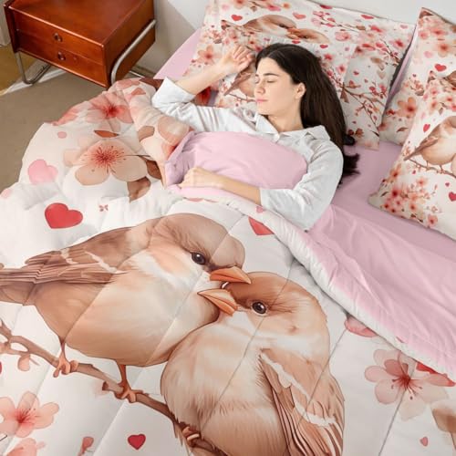 Image of Erosebridal Chickadee 7 Piece Comforter Set Full Bed in A Bag Pink Valentine Bedding Set for Girls Kids Love Heart Pattern Sheet Set with Comforter Heart Floral Spring Duvet Insert