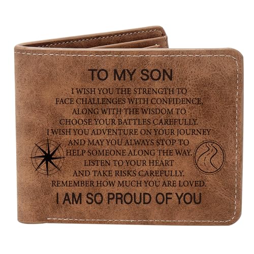 To My Son Gifts Leather Wallet for Men Engraved Personalized Leather Wallet Birthday Christmas Gifts for Son from Mom Dad Inspirational Gifts for Boy (I WISH SON)