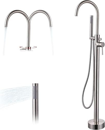 Grifo de bañera independiente moderno de níquel cepillado con ducha de mano, manguera de ducha de 59 pulgadas, montaje en el suelo, relleno de