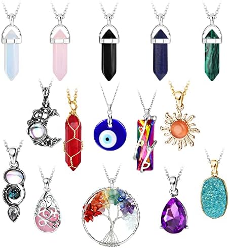 ADRAMATA 15 Pcs Crystal Necklaces for Women Protection Chakra Necklace Tree of Life Evil Eye Necklaces Friends Friendship Necklaces Colorful Crystal Pendant Necklaces Natural Stone Boho Necklaces Set
