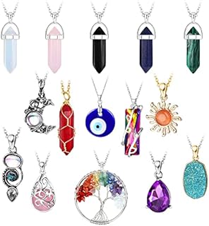 ADRAMATA 15 Pcs Crystal Necklaces for Women Protection Chakra Necklace Tree of Life Evil Eye Necklaces Friends Friendship Necklaces Colorful Crystal Pendant Necklaces Natural Stone Boho Necklaces Set