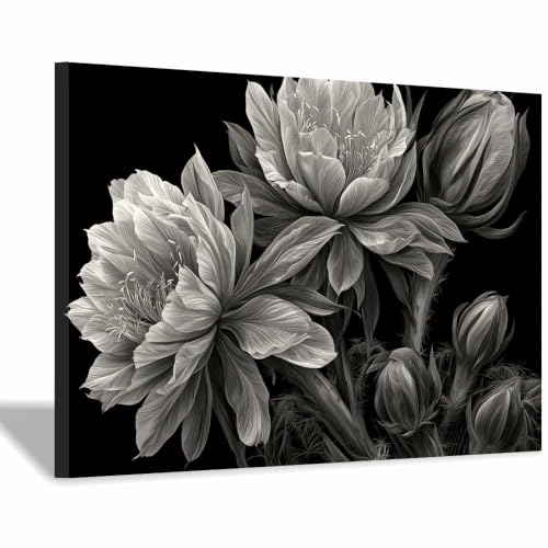 Toile murale fleurs de cactus blancs noirs de qualite pour deco de salon