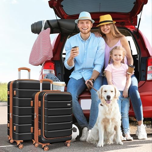 SmileLine 3-Piece Luggage Set Lightweight Hardside Suitcase TSA Lock Spinner Wheels, 20" Expandable Carry-On Luggage with Quick Access Front Open Pocket, Bonus Makeup Bag,Apricot Black2