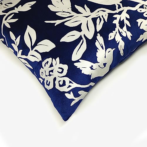 Image of Birds Designer Velvet Cushion Cover | Decorative Cushion Cover | Modern & Trendy | for Sofa Chair Bedroom | Set of 1 (16 x 16 Inch, Blue & Silver)