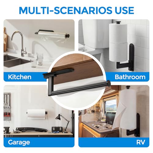 Image of zaa Paper Towel Holder Under Cabinet - Self Adhesive or Drilling Paper Towel Holder Wall Mount, One Hand Tear Black Towel Holder for Kitchen Organization, Bathroom, Sink, Pantry, Fridge, RV