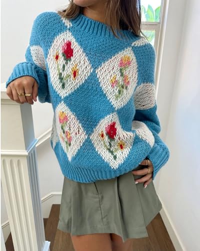 Image of ZAFUL Floral Sweaters for Women Trendy Crew Neck Long Sleeves Knitted Pullover Boho Sweater Chunky Knit Tops