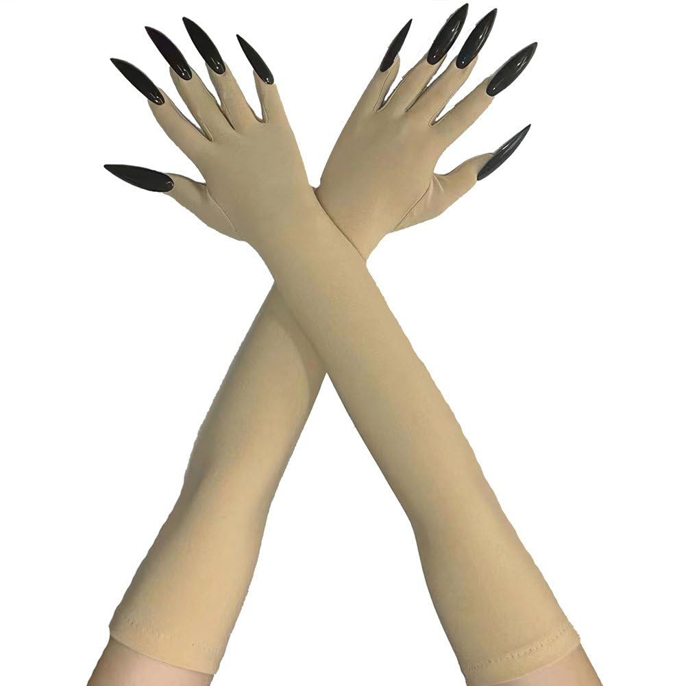 Casiler Beige Halloween Gloves With Long Nails Cosplay Claw Paw Mitts Pointed Fingernails Elbow Length Gloves Hand Mittens For Fancy Dress