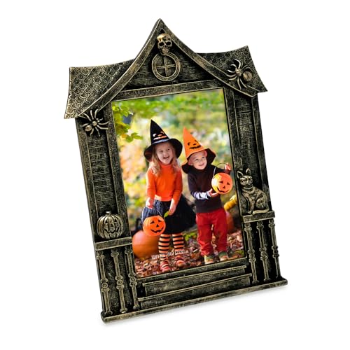 Isaac Jacobs 4x6 Haunted-House Shaped Halloween Picture Frame Photo Tabletop & Wall Mount Holiday Home Dcor (4x6 Black With Gold)