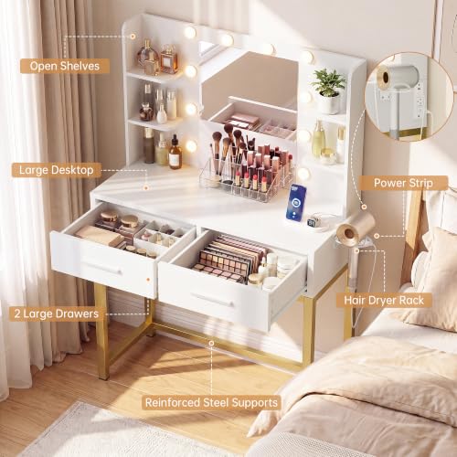 Image of YESHOMY Vanity Desk with Mirror and Lights, Small Makeup Table for Bedroom | Built-in Fast Charging Station, 3-Mode LED Mirror, Large Storage with Drawers & Open shelves
