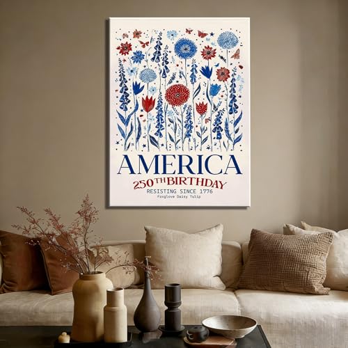 Image of RIBNTAK Vintage Patriotic America 250th Birthday Wall Decor, 1776 Floral Canvas Prints, 4th of July Wildflower Art, Red White Blue Pictures for Kitchen, Office, Rustic Home, Made in USA