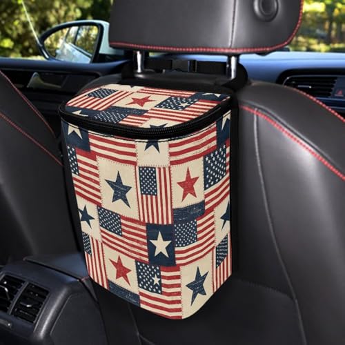 Image of Talayituse American Flag Star Print Car Trash Can Portable Auto Garbage Bin Multifunctional Vehicle Interior Accessories with Adjustable Straps 4th of July Decor Universal Fit Truck SUV Sedan