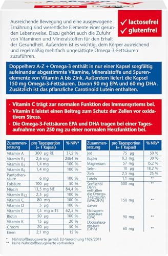 Doppelherz A-Z + Omega-3 Extra - 20 Vitamine, Mineralstoffe & Spurenelemente + Omega-3 + Lutein - Nur 1 Kapsel täglich - 120 Kapseln