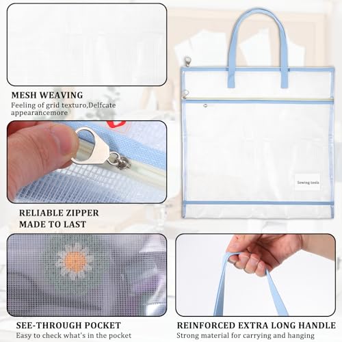 Image of 16.5 Inch Sew Project Bag Sew Quilting Storage Bags with Zipper Portable Embroidery Craft Organizer Storage Bag Mesh Vinyl Zipper Pouch for Art and Wearable Craft