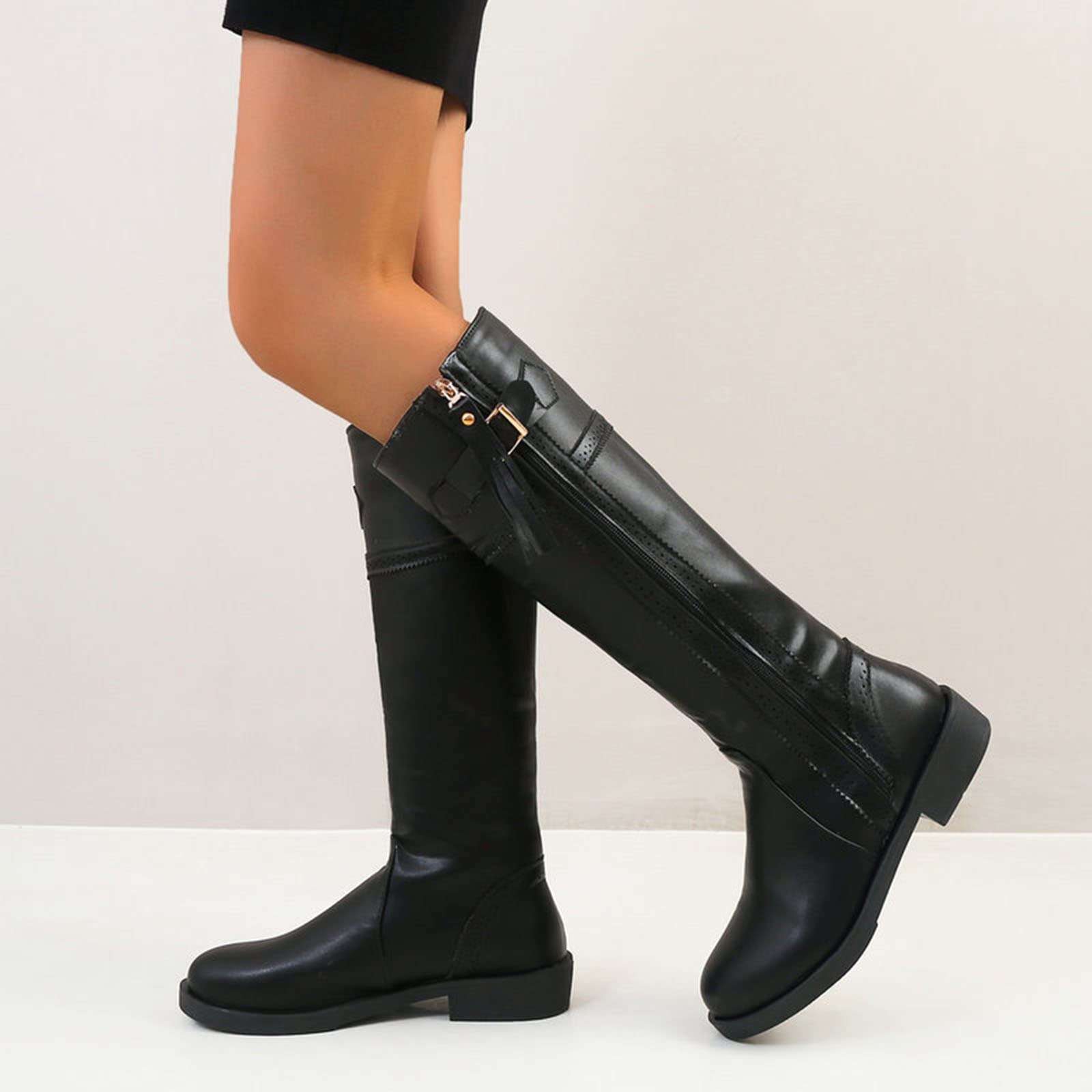 Botas de Montar hasta la Rodilla para Mujer con Hebilla, Puntera Redonda, tacón bajo, Cremallera Lateral Alta, Botas Estilo Caballero