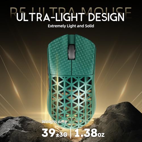 Image of ATTACK SHARK R5 Ultra Wireless Gaming Mouse,Carbon Fiber Shell 39g Superlight,PAW3950MAX Nordic 52840 MCU 8K Polling 42K DPI Optical Sensor,BT /2.4G /USB-C Wired Mice with Coiled Cable-Green&Griptape