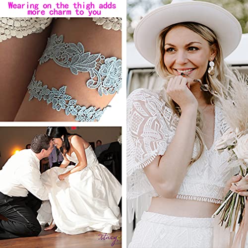 Taube Wedding Garter Set for Bride Stretchy Lace Leg Garter Floral Garters for Bride with Pearl and Rhinestones2