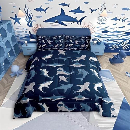 Boys Shark Bedding Set Ocean Sealife Comforter Set for Kids Youth Teens,Under Sea Marine Life Duvet Insert,Underwater World Creature Bed Quilt,Nautical Sea Animal Bedroom Decor Twin Size Navy Blue