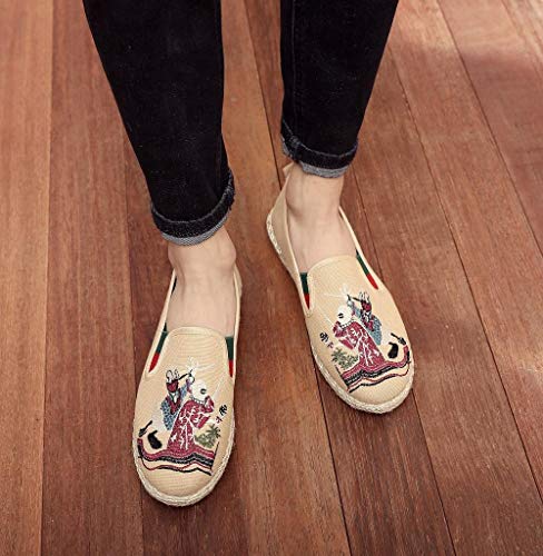 Sxgdp Burlap Straw Fisherman Shoes, Linen Round Toe Shallow Mouth Canvas Shoes, one Pedal Old Beijing Shoes Women's Embroidered Flat Shoes JP (Color : Beige Canvas, Size : 11)
