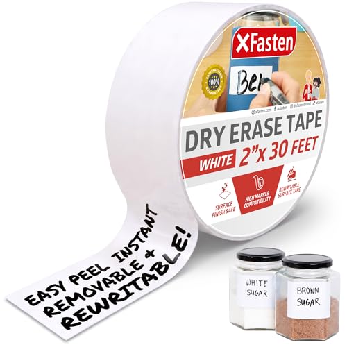 XFasten Dry Erase Tape White 2-Inch x 30-Feet Zero Smudging Ghosting-Free Whiteboard Tape, Reusable...