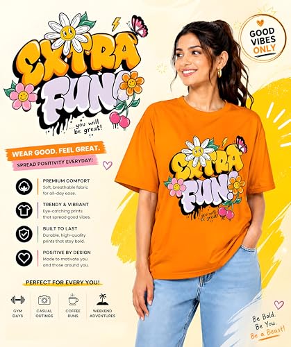 Image of Amazon Brand - Anarva Women Oversized Graphic Printed T Shirt 100% Cotton Drop Shoulder Loose Fit Baggy Casual Tshirt for Girls