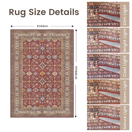 Rugland 8x10 Area Rugs - Stain Resistant Washable Rug, Anti Slip Backing Rugs for Living Room, Vintage Tribal Area Rugs (TPR10-Burgundy, 8'x10')