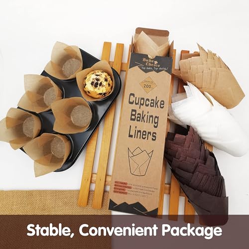 Image of Bake Choice 200pcs Natural Tulip Cupcake Liners for Baking Cups Unbleached European Parchment paper Tulip Muffin Liners, Cupcake Wrapper for Party, Christmas