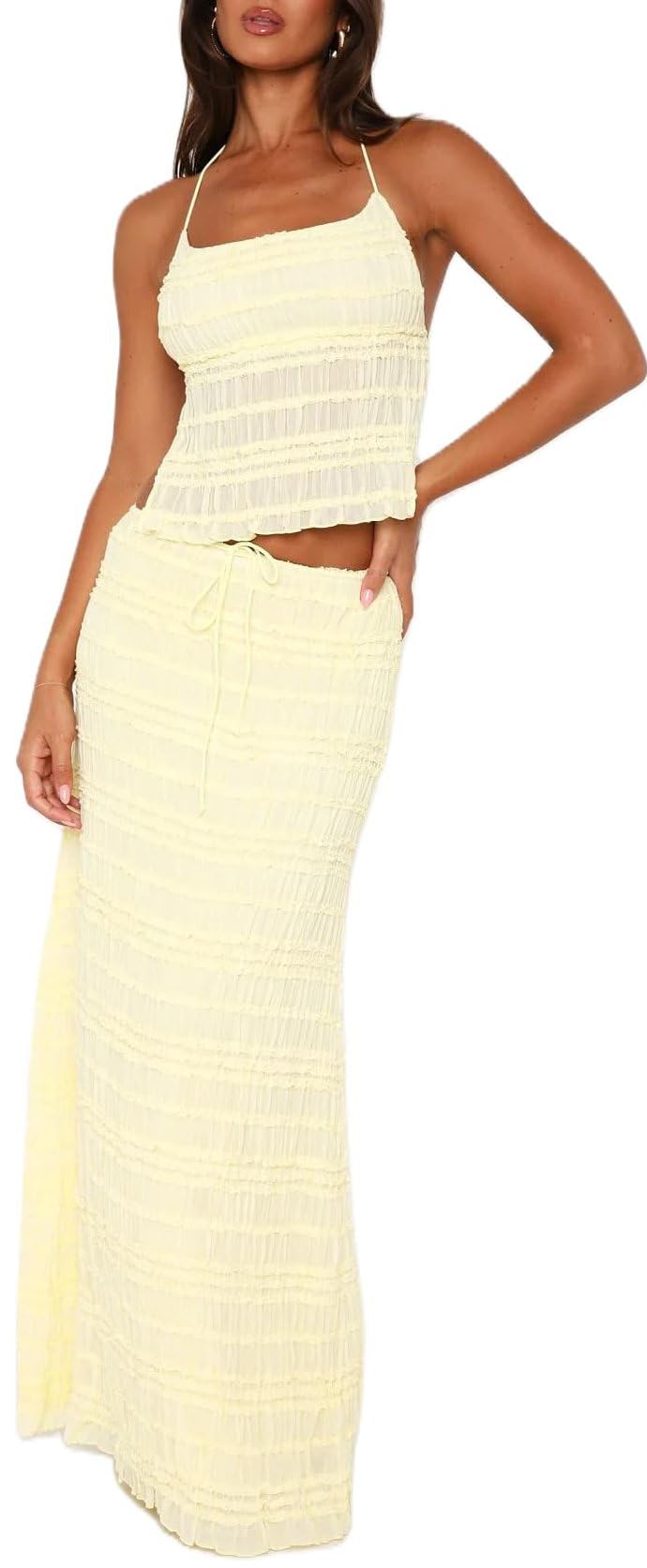 Womens Y2k Maxi Skirt Set Backless Lace Halter Crop Top and Long Skirt Sets Beach Cocktail Club Dress