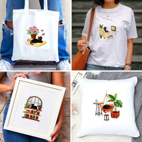 Image of BEUNITONE 4 Set Embroidery Kit for Beginners, Daily Life of Cats Patterns Cross Stitch Kits, Needlepoint Kits for Adults with Hoop, Cute Hand Embroidery Patterns for Cloth and Home Decor