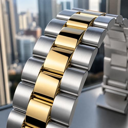 Image of Silver Gold Stainless Steel for Apple Watch Chain Band 38-42mm | 304 Stainless Steel Chain Strap Adjustable Links Double Clasp Fits S10 /Ultra /Se3 Wrist 6.3-8.07in Durable Luxury Metal Band